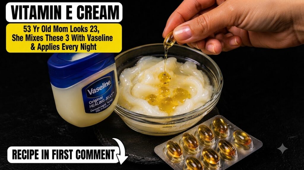 A hand squeezing a golden Vitamin E capsule allowing its contents to drip into a bowl of white Vaseline A tub of Vaselin