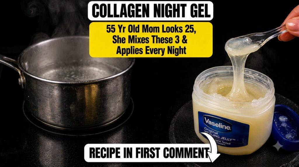 A hand holding a spoon lifting thick light-colored Vaseline gel from a tub with a blurred boiling pot in the background