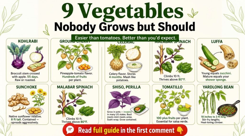 An infographic featuring nine different uncommon vegetables in a grid each with an illustration and short descriptive te