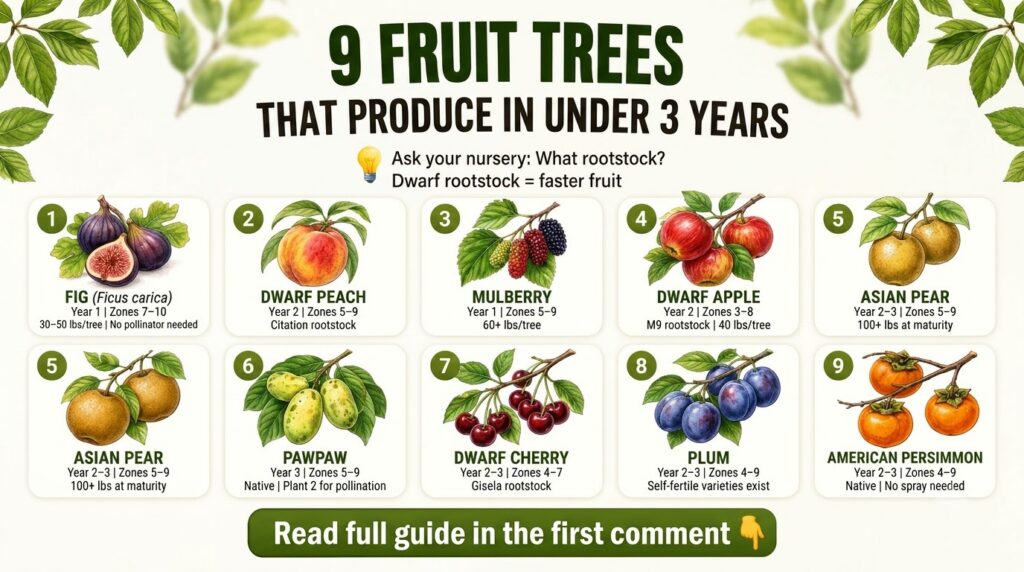 An infographic showing 9 different fruit trees that produce fruit in under 3 years with illustrations of each fruit and