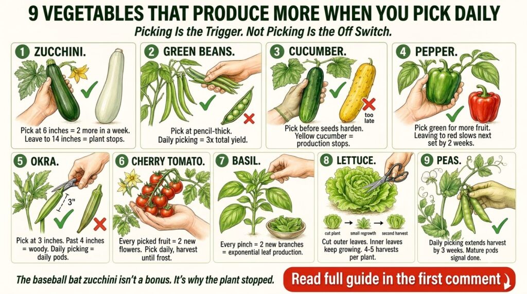 Infographic showing 9 vegetables that produce more when picked daily with illustrations of zucchini green beans cucumber