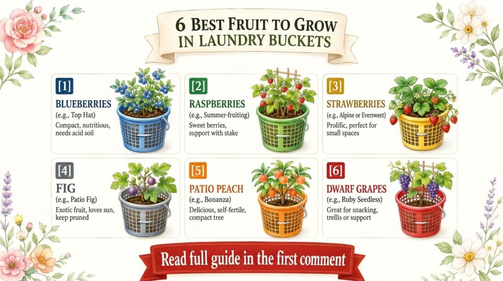 An illustrative infographic titled 6 BEST FRUIT TO GROW IN LAUNDRY BUCKETS showing colorful buckets with blueberry raspb