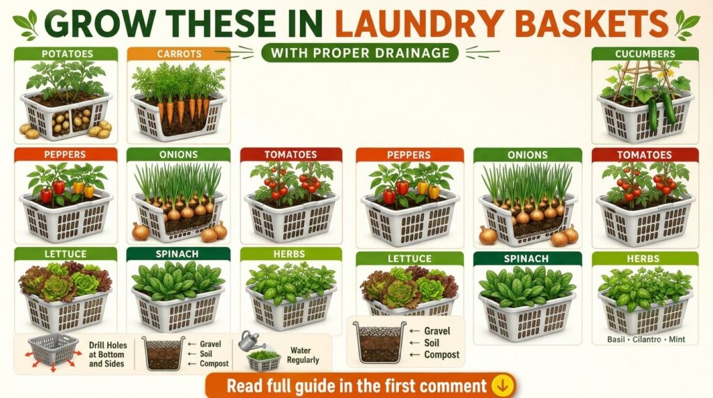 An infographic showing various vegetables and herbs like potatoes carrots cucumbers peppers onions tomatoes lettuce spin