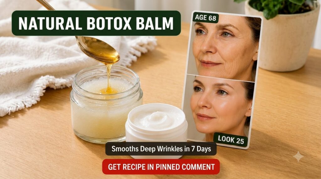 A visual comparison of a woman s face showing significant wrinkle reduction from Age 68 to Look 25 alongside a glass jar