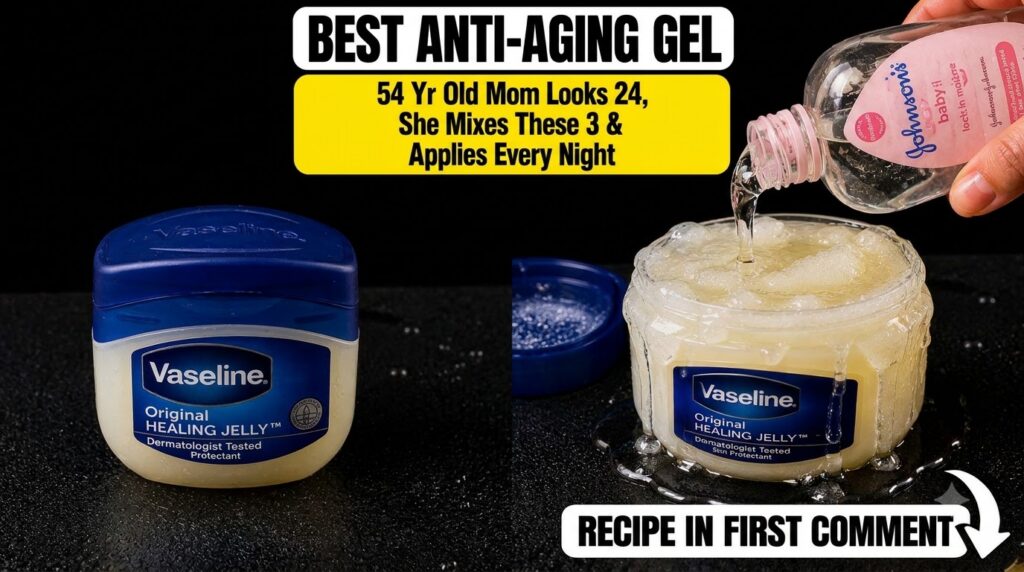 A hand pouring clear Johnson s baby oil from a small pink-capped bottle into a jar of Vaseline Original Healing Jelly wi