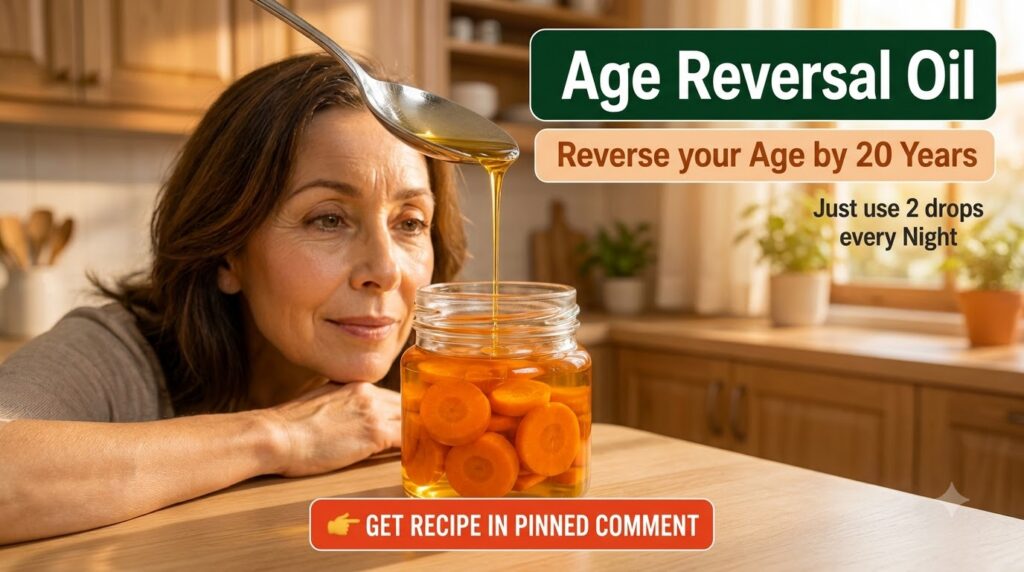 A woman observes a glass jar filled with carrot slices submerged in a golden liquid while a spoon pours more liquid into