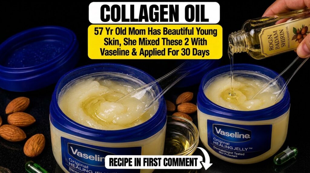 A hand pouring sweet almond oil from a small bottle into a jar of Vaseline Original Healing Jelly with a plastic spoon i