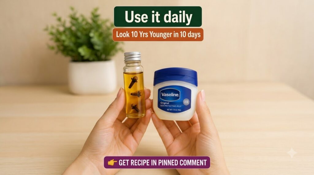 Two hands holding a small glass bottle of homemade clove oil and a tub of Vaseline Original Skin Protecting Jelly agains