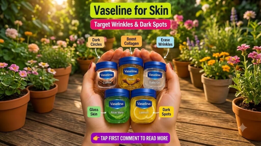 Two hands cupped together holding small Vaseline jars infused with natural ingredients like coffee clove and lemon The b