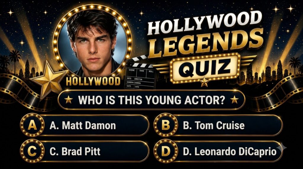 A vibrant Hollywood Legends Quiz featuring a young Tom Cruise s portrait surrounded by golden stars lights and a Hollywo