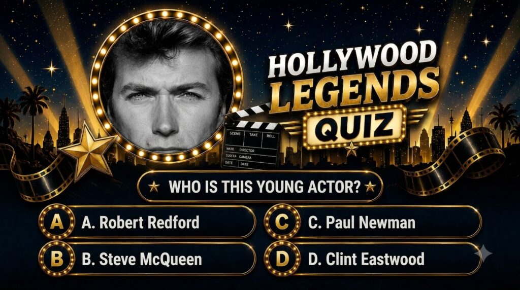 A vertical quiz poster titled Hollywood Legends Quiz featuring a black and white close-up of a young Clint Eastwood He h