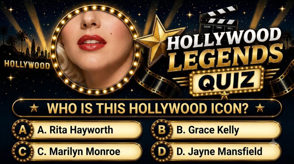 A vertical quiz poster titled Hollywood Legends Quiz featuring a close-up of Marilyn Monroe s lower face lips chin mole