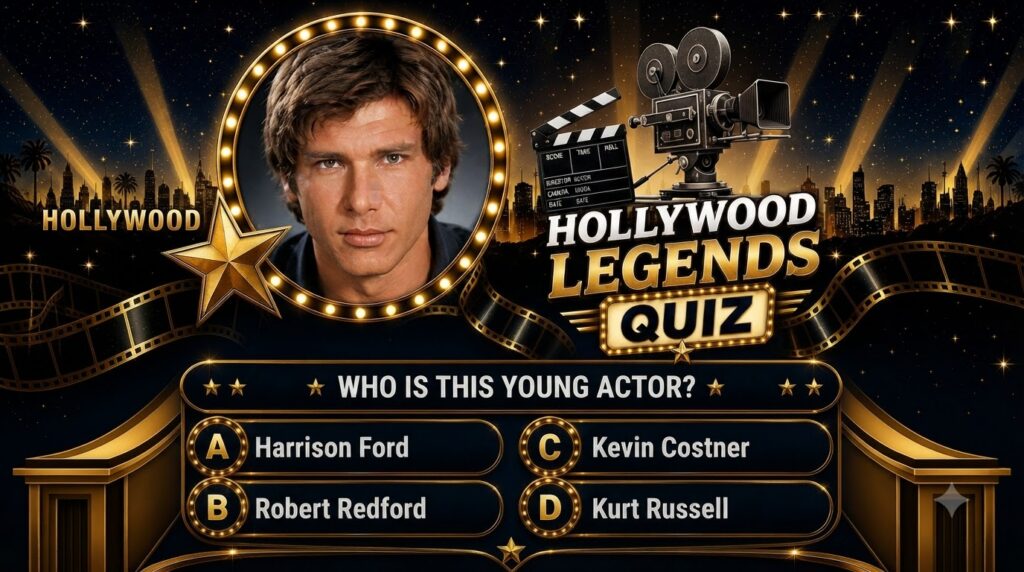 A quiz screen featuring a young Harrison Ford s portrait within a glowing marquee frame set against a Hollywood skyline 