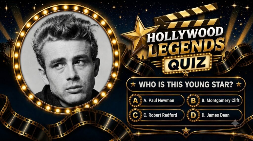 A Hollywood-themed quiz layout with a black and white portrait of young James Dean framed by marquee lights The title HO