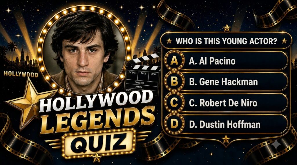 A quiz interface featuring a vintage portrait of a young Robert De Niro framed by a circular marquee with a starry backg