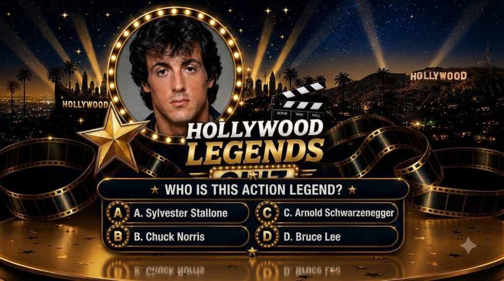A vibrant Hollywood-themed quiz poster featuring a young Sylvester Stallone in a circular illuminated frame against a st