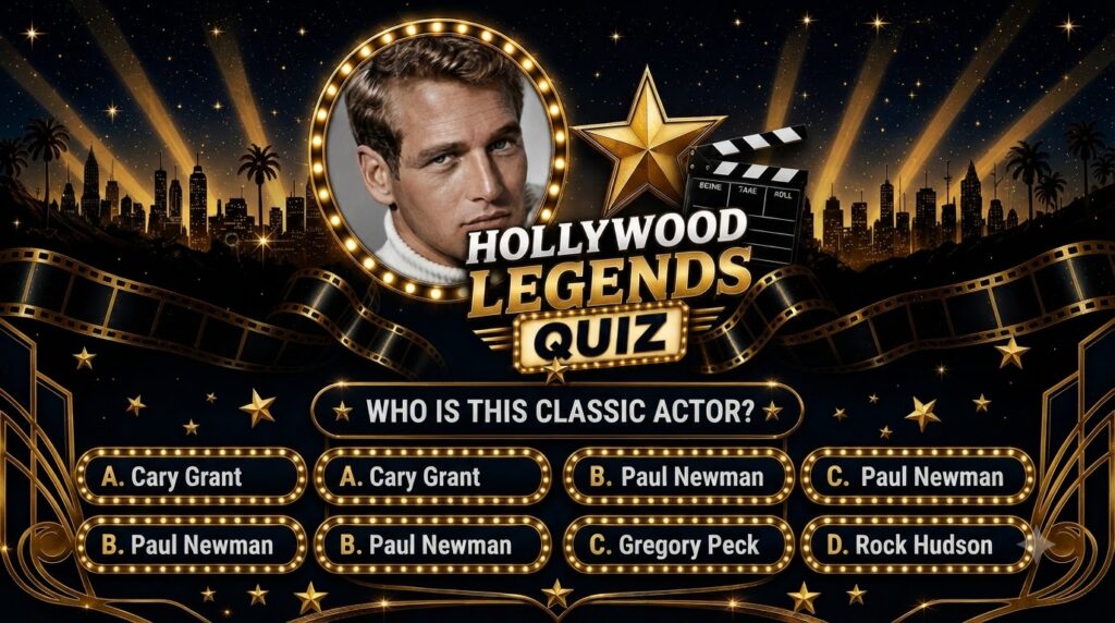 A quiz graphic showing a partial obscured portrait of Paul Newman framed by light bulbs against a starry Hollywood skyli