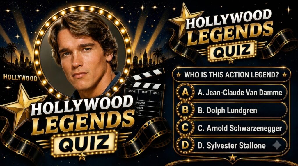 A vertical Hollywood Legends Quiz graphic featuring a young Arnold Schwarzenegger portrait glowing bulbs a starry sky se