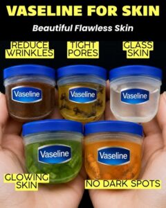 A hand holding a small jar of petroleum jelly Vaseline with a glowing healthy-looking face in the soft-focus background 