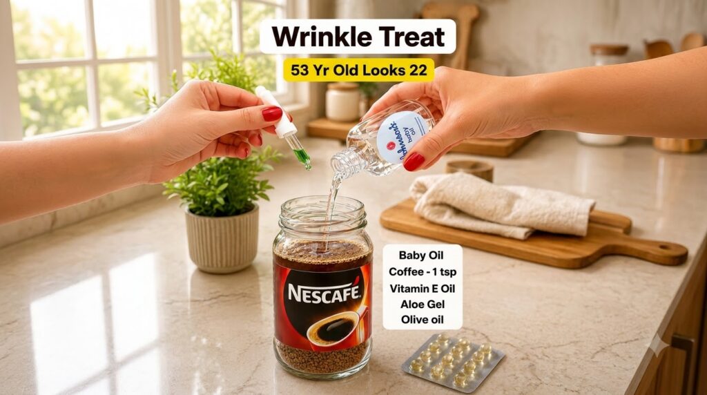 Hands preparing a homemade beauty concoction pouring baby oil into instant coffee granules with a dropper adding green l