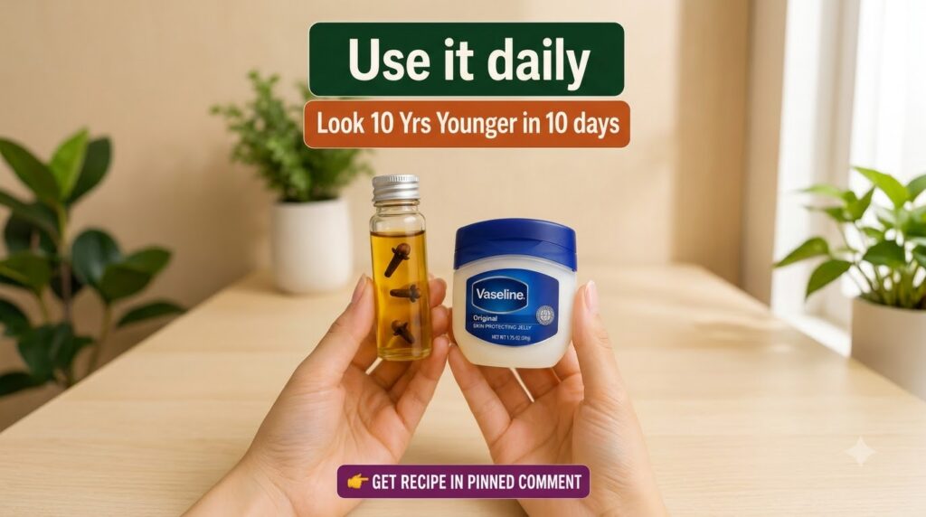 Two hands holding a small glass bottle with oil and cloves next to a small tub of Vaseline Original Skin Protecting Jell