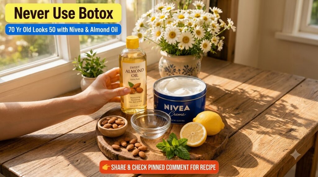 A collection of natural skincare ingredients and products on a wooden surface including a hand holding a bottle of sweet