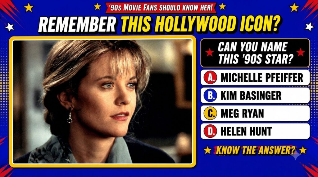 A pop-art style trivia quiz image featuring a portrait of Meg Ryan with blonde hair looking thoughtfully The background 