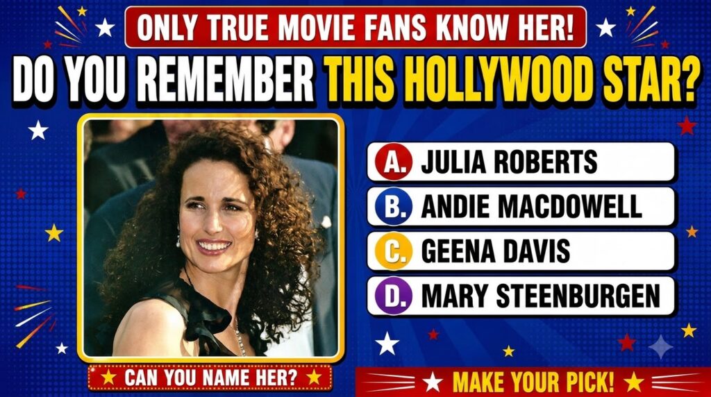 A headshot of actress Andie MacDowell smiling gently with prominent curly brown hair She is wearing a black ruffled top 