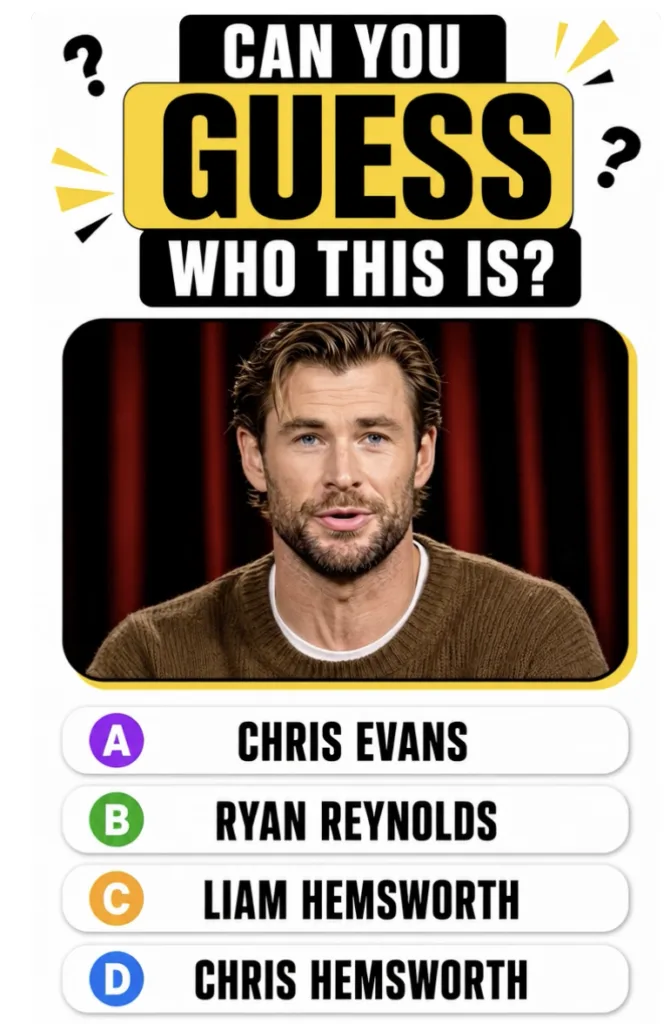 Quiz image showing a headshot of Chris Hemsworth with the question CAN YOU GUESS WHO THIS IS and multiple choice options