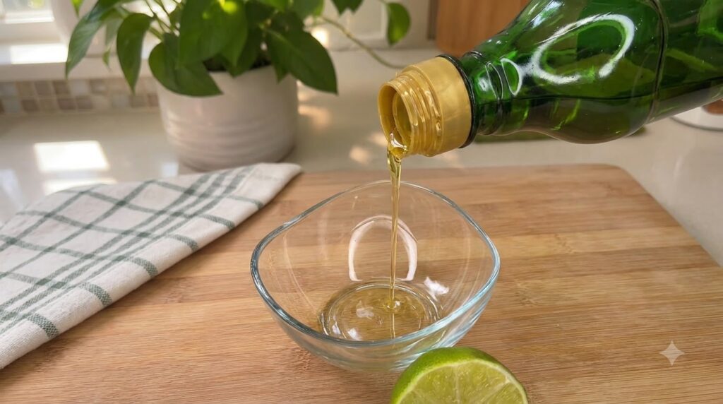 Un líquido dorado siendo vertido de una botella verde en un tazón de vidrio con una lima a la mitad en primer plano