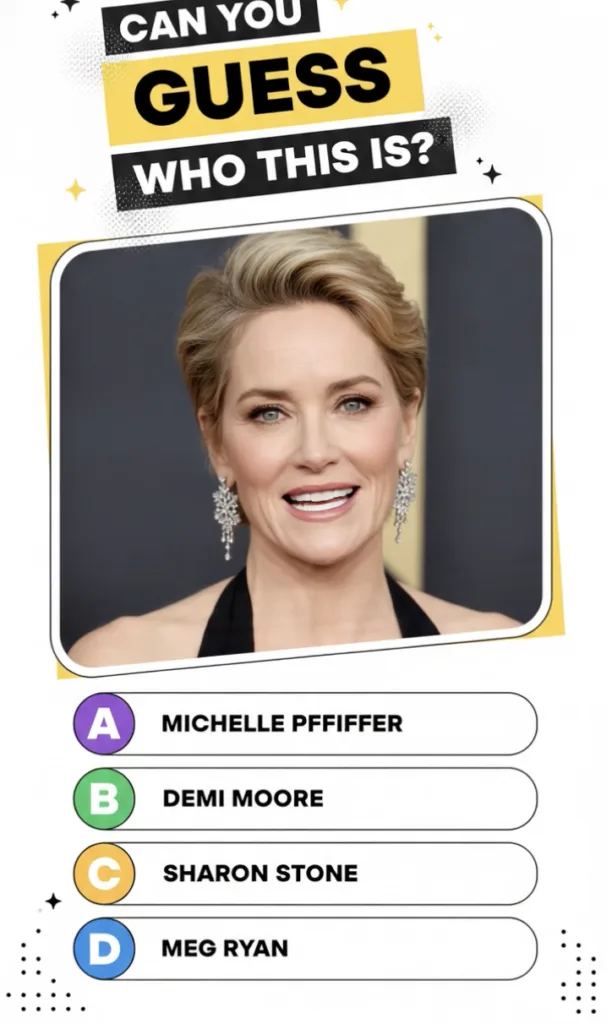 Sharon Stone s headshot from the quiz graphic smiling with diamond earrings against a golden background