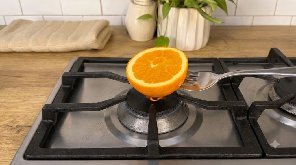 Halved orange being charred over a gas stove burner with a fork showing the browning process