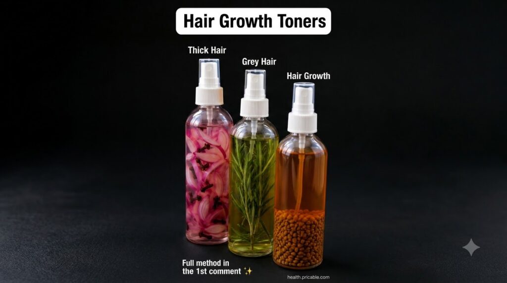 Three clear spray bottles filled with different natural hair toners one with rosemary one with fenugreek seeds and one w