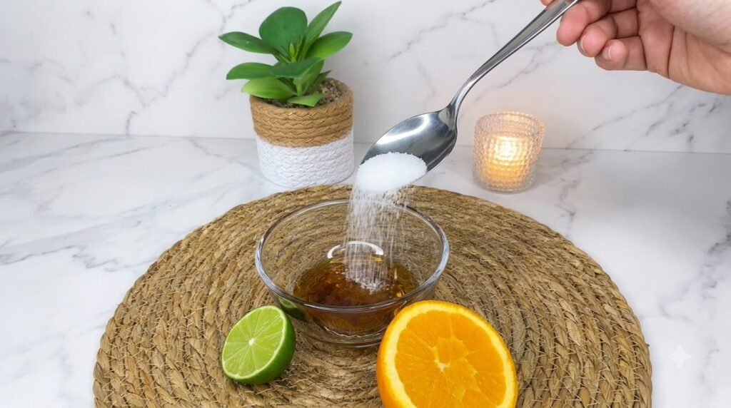 A close-up of a glass bowl with a refreshing amber citrus drink garnished with lime and orange halves on a woven mat wit