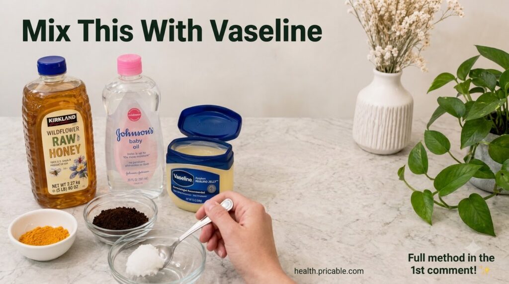 A collection of honey baby oil and Vaseline jars on a countertop with a hand mixing ingredients in a small bowl set in a