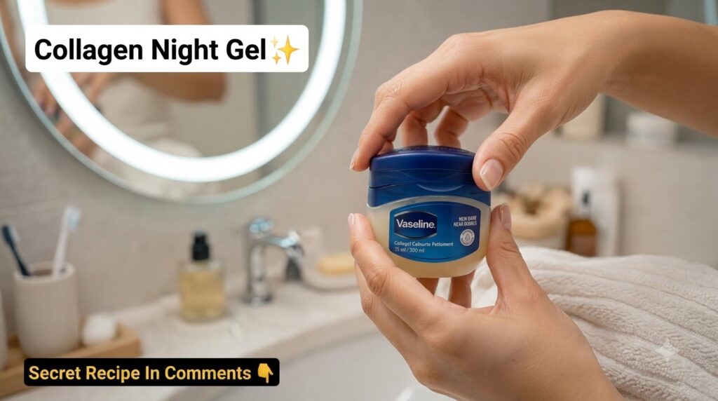 A small elegant jar of homemade collagen night gel with a hand gently holding it in a soft-focus bathroom setting evokin