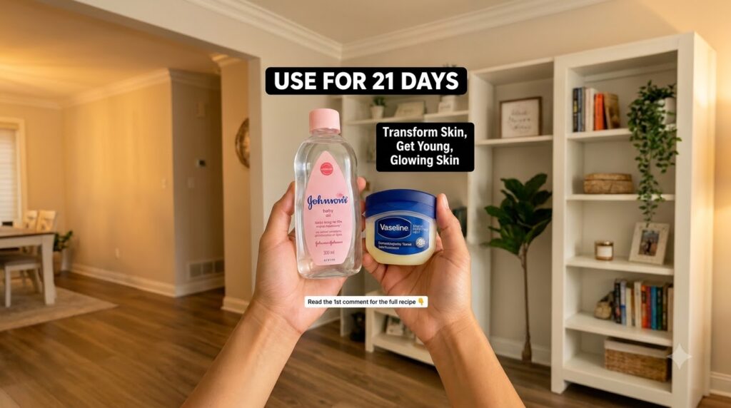 Hands holding Johnson s baby oil and Vaseline Original Protecting Jelly