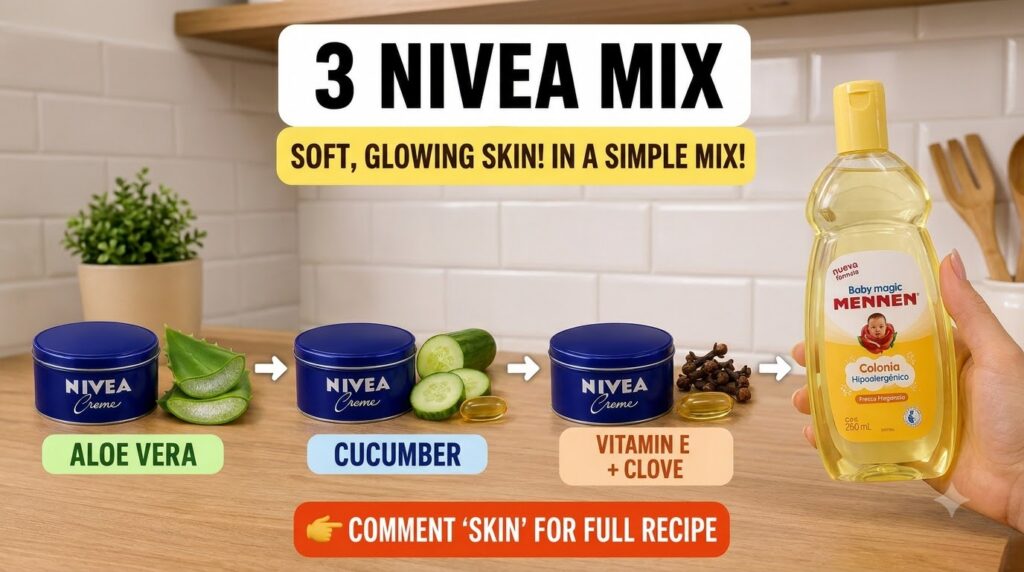 Three blue Nivea Creme tins each next to a natural ingredient aloe vera sliced cucumber and a vitamin E capsule with clo