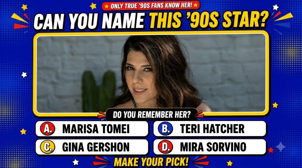 A 90s-themed quiz graphic featuring a portrait of actress Marisa Tomei in a bright yellow border smiling subtly with dar