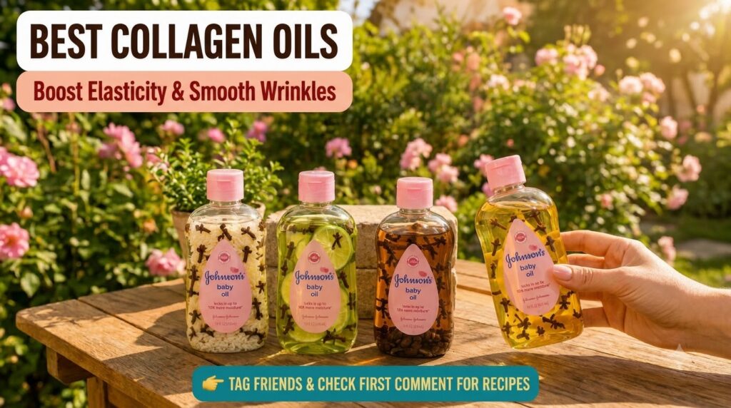 Four customized Johnson s baby oil bottles each infused with natural ingredients like rice cloves cucumber and coffee be