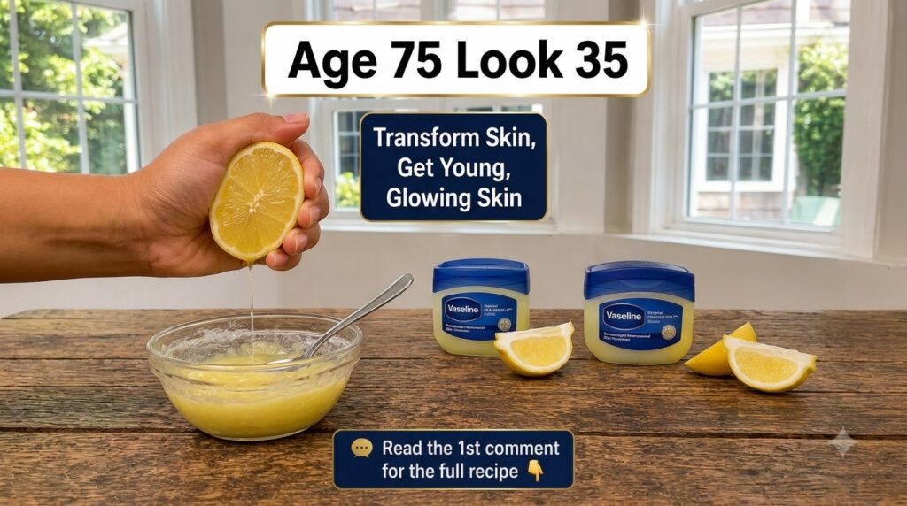 Hands squeezing a lemon with juice dripping into a glass bowl containing a yellow mixture with two tubs of Vaseline Heal
