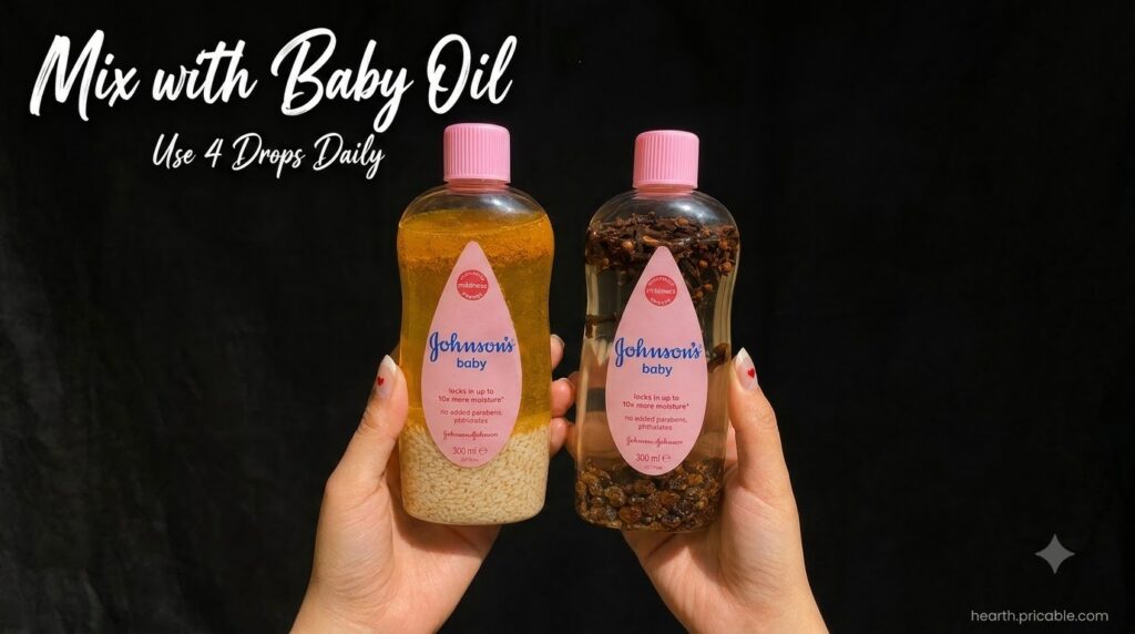 Two glass bottles containing Johnson s Baby Oil infused with different natural ingredients One bottle has white rice gra