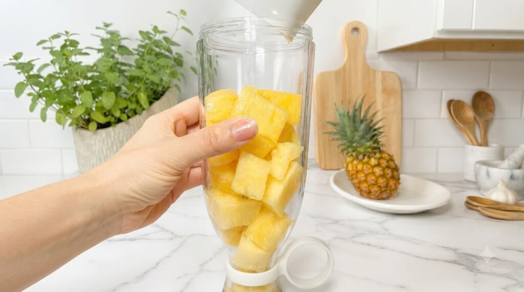 Close-up vertical shot of a glass blender bottle filled with bright yellow diced pineapple A hand holds the bottle while