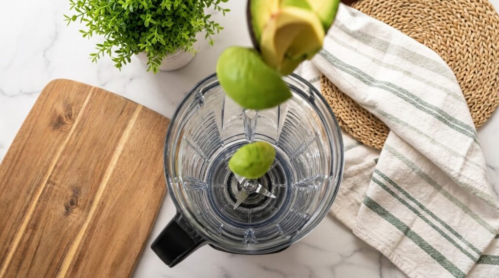 Avocado slices falling into a blender with a half avocado a small green plant and kitchen accessories in the background