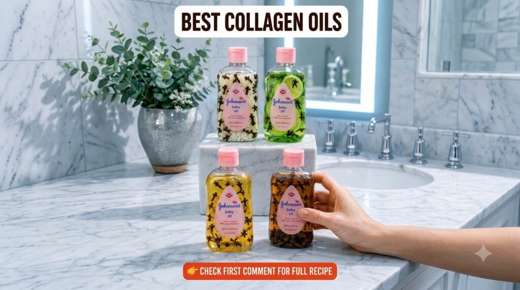 Four clear bottles of infused oils on a white marble block with natural ingredients like lime slices rice and cloves vis