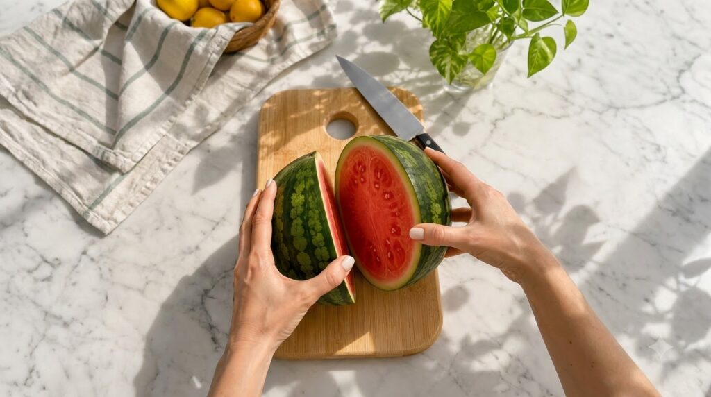 A top-down view of a person s hands holding two halves of a freshly cut watermelon on a light wooden cutting board with