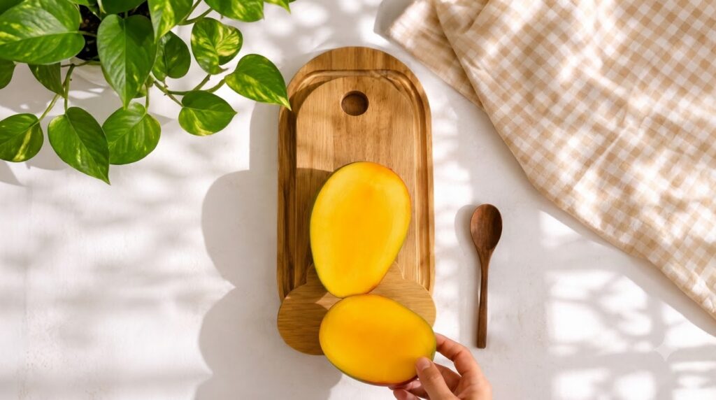 Two halves of a ripe mango one on a wooden cutting board the other held by a hand with a lush green plant in the backgro