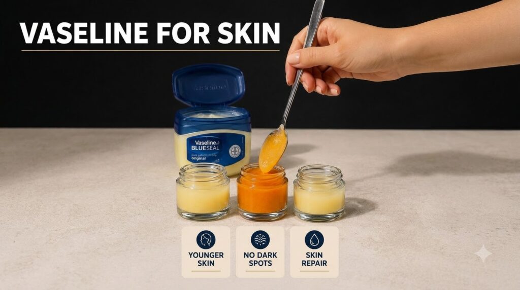 A hand holding a spoon dipping a yellowish-orange substance into a small glass jar with two similar jars flanking it A l