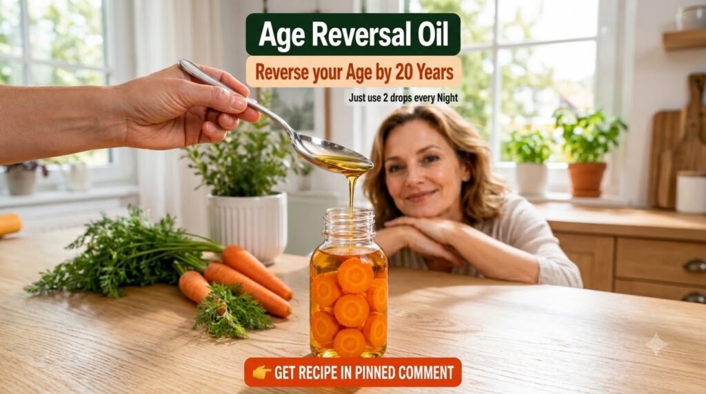 A hand pouring golden oil from a spoon into a clear glass jar filled with carrot slices submerged in oil with a smiling