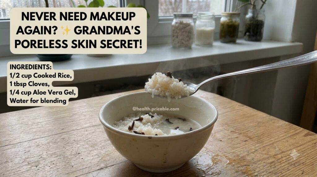 A bowl of steaming cooked rice and cloves on a rustic wooden table with a spoon full of the mixture suspended above it T